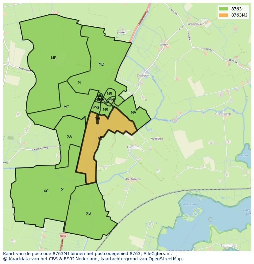 Afbeelding van het postcodegebied 8763 MJ op de kaart.