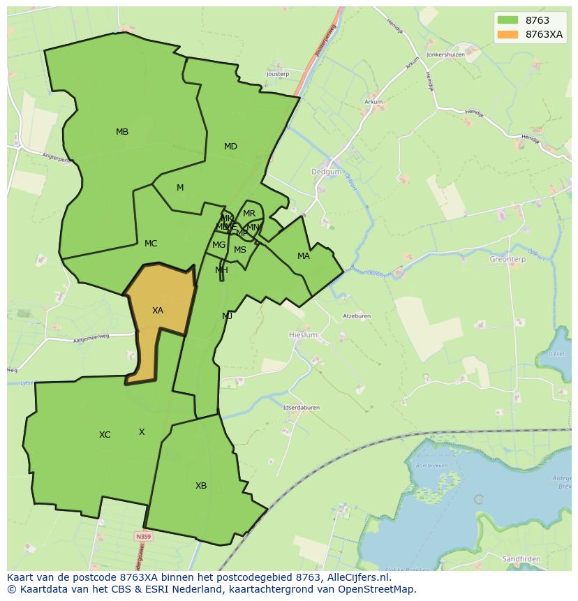 Afbeelding van het postcodegebied 8763 XA op de kaart.