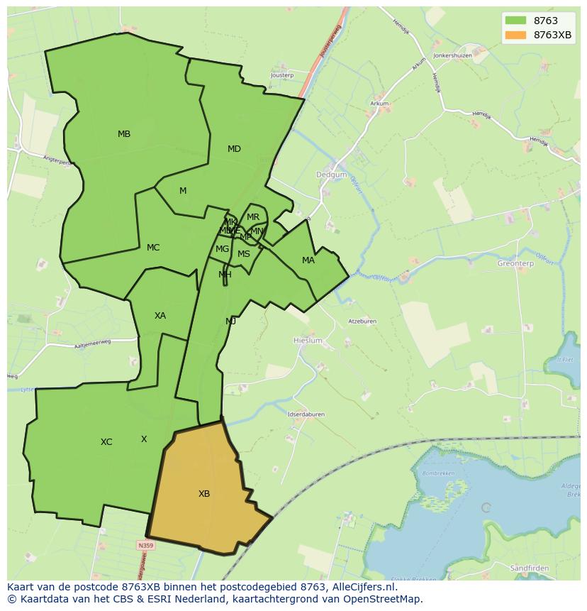 Afbeelding van het postcodegebied 8763 XB op de kaart.