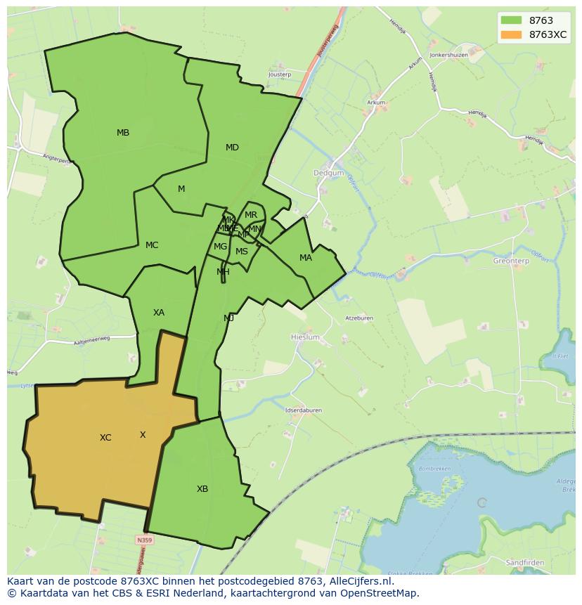 Afbeelding van het postcodegebied 8763 XC op de kaart.