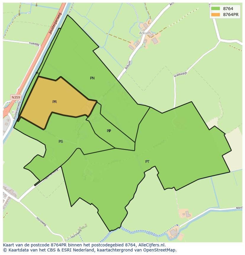 Afbeelding van het postcodegebied 8764 PR op de kaart.