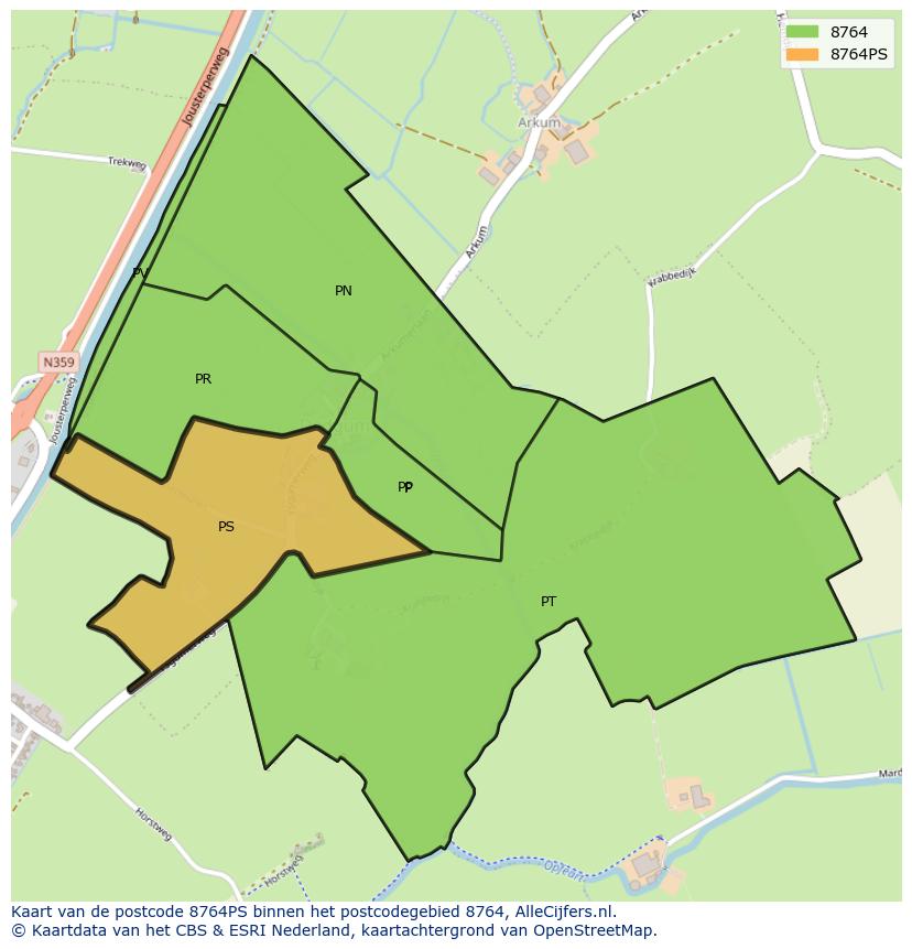 Afbeelding van het postcodegebied 8764 PS op de kaart.