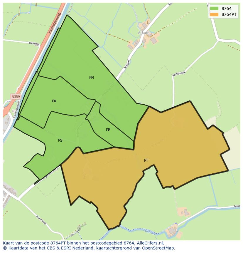 Afbeelding van het postcodegebied 8764 PT op de kaart.