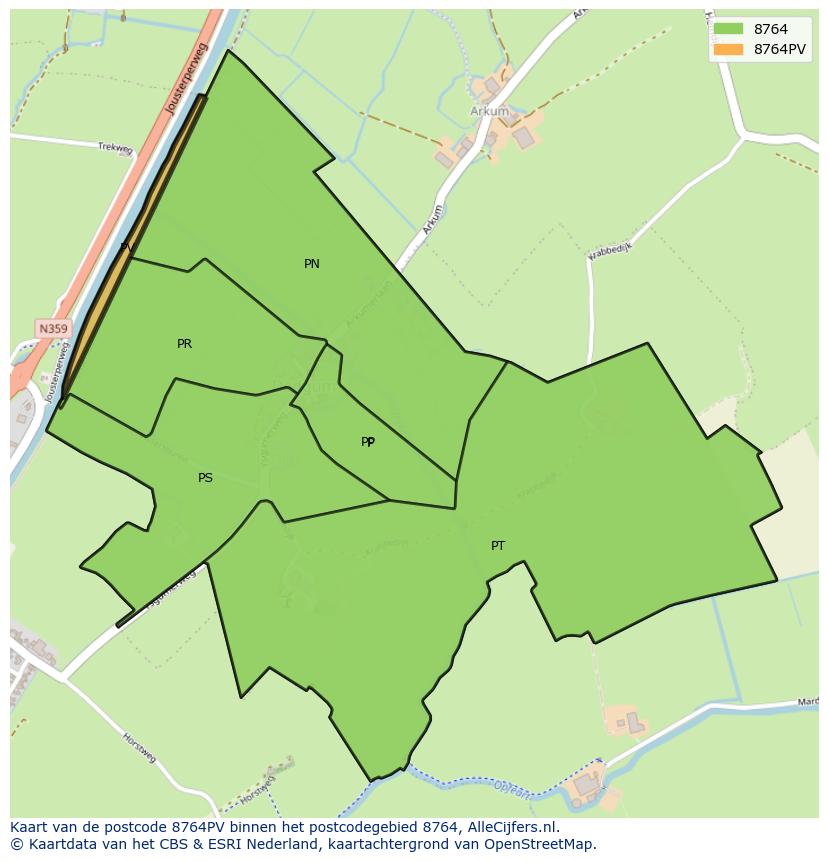 Afbeelding van het postcodegebied 8764 PV op de kaart.