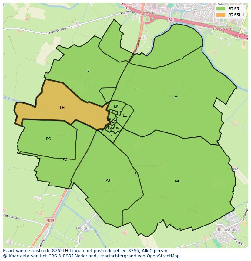 Afbeelding van het postcodegebied 8765 LH op de kaart.