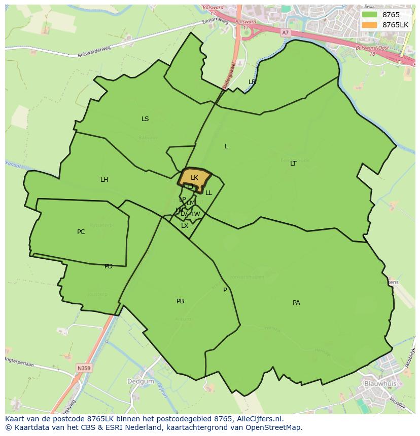 Afbeelding van het postcodegebied 8765 LK op de kaart.