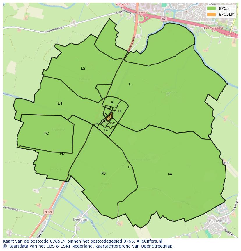 Afbeelding van het postcodegebied 8765 LM op de kaart.