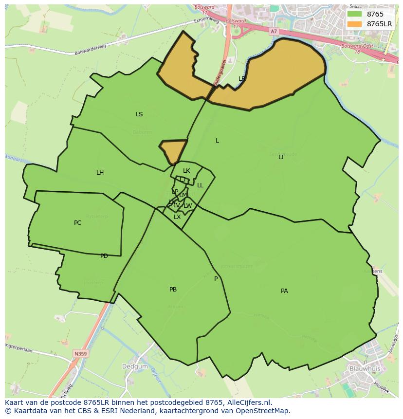 Afbeelding van het postcodegebied 8765 LR op de kaart.
