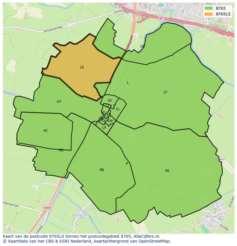 Afbeelding van het postcodegebied 8765 LS op de kaart.