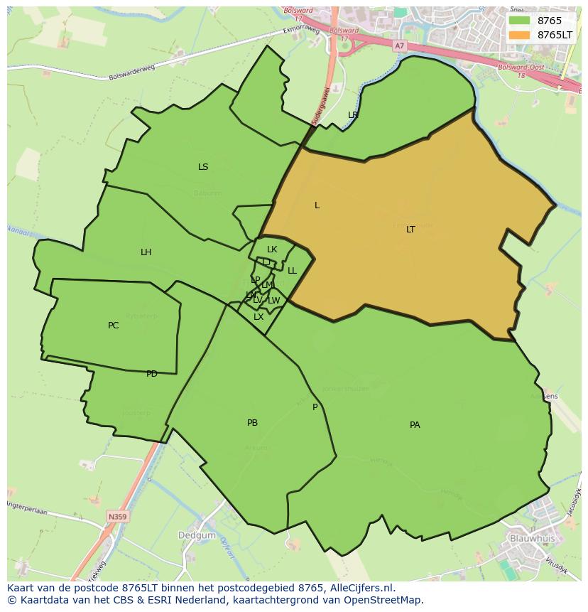 Afbeelding van het postcodegebied 8765 LT op de kaart.