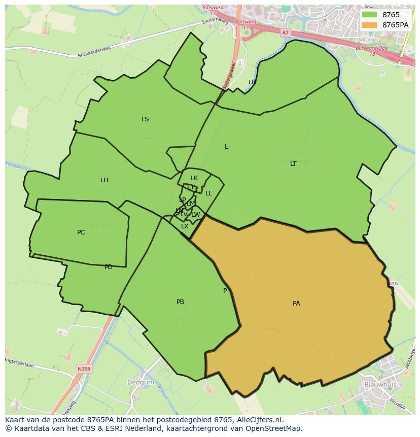 Afbeelding van het postcodegebied 8765 PA op de kaart.