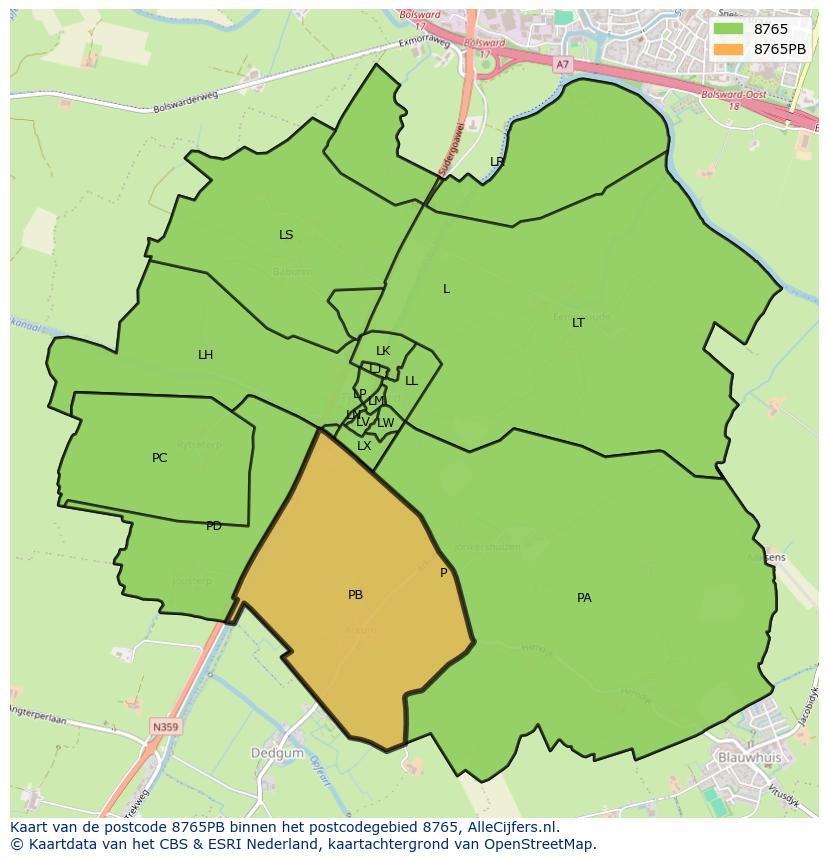 Afbeelding van het postcodegebied 8765 PB op de kaart.