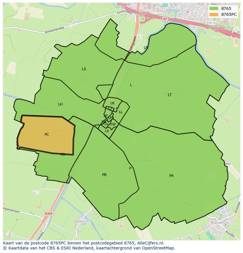 Afbeelding van het postcodegebied 8765 PC op de kaart.