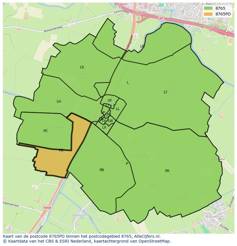 Afbeelding van het postcodegebied 8765 PD op de kaart.