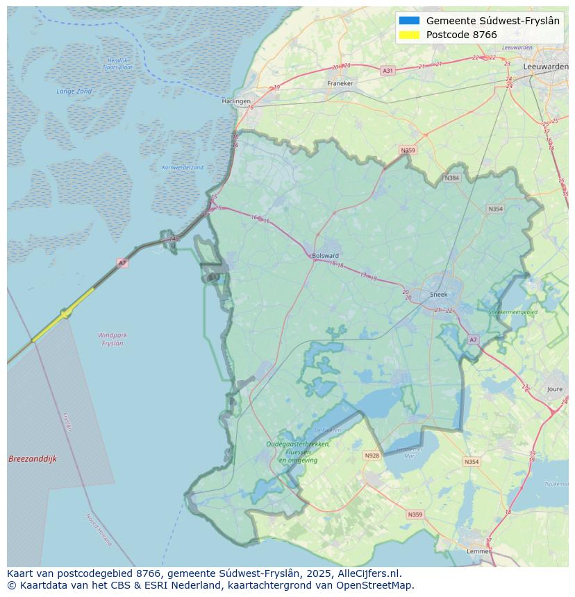 Afbeelding van het postcodegebied 8766 op de kaart.