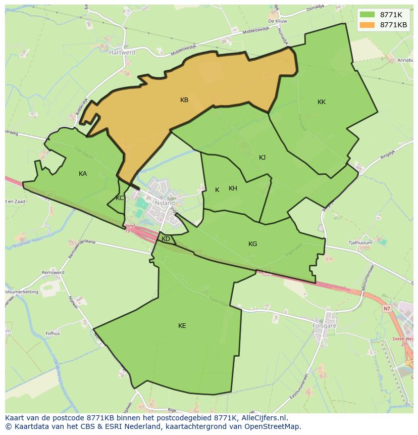 Afbeelding van het postcodegebied 8771 KB op de kaart.