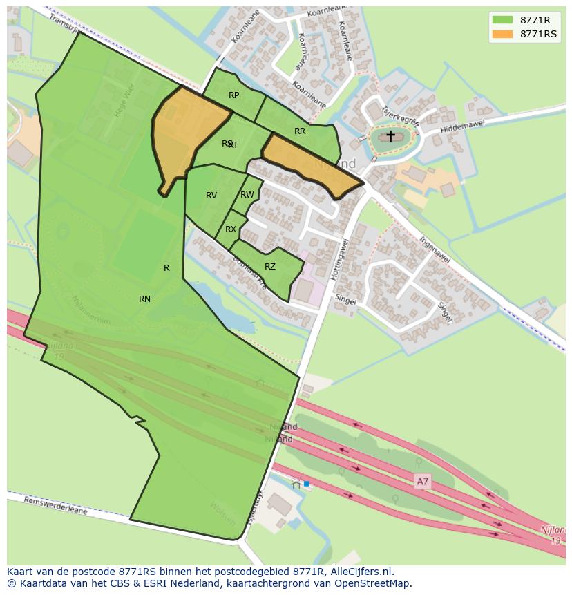 Afbeelding van het postcodegebied 8771 RS op de kaart.