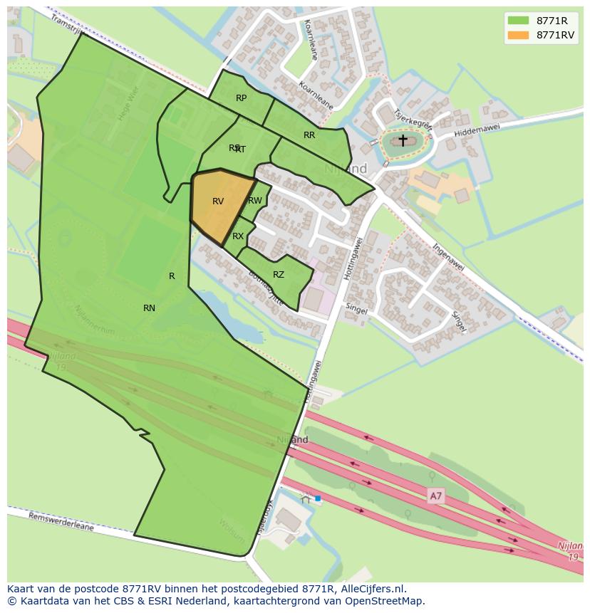 Afbeelding van het postcodegebied 8771 RV op de kaart.