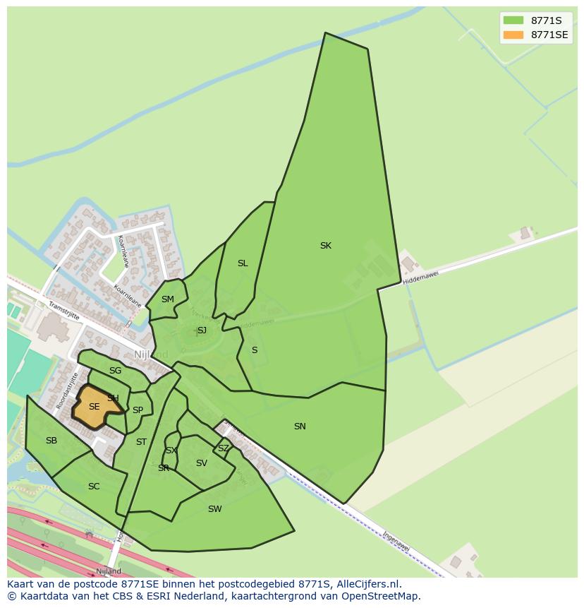 Afbeelding van het postcodegebied 8771 SE op de kaart.