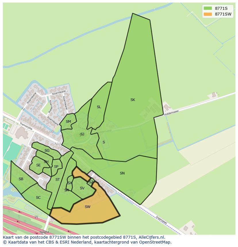Afbeelding van het postcodegebied 8771 SW op de kaart.