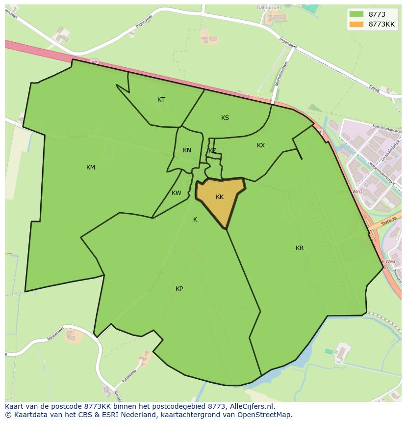 Afbeelding van het postcodegebied 8773 KK op de kaart.