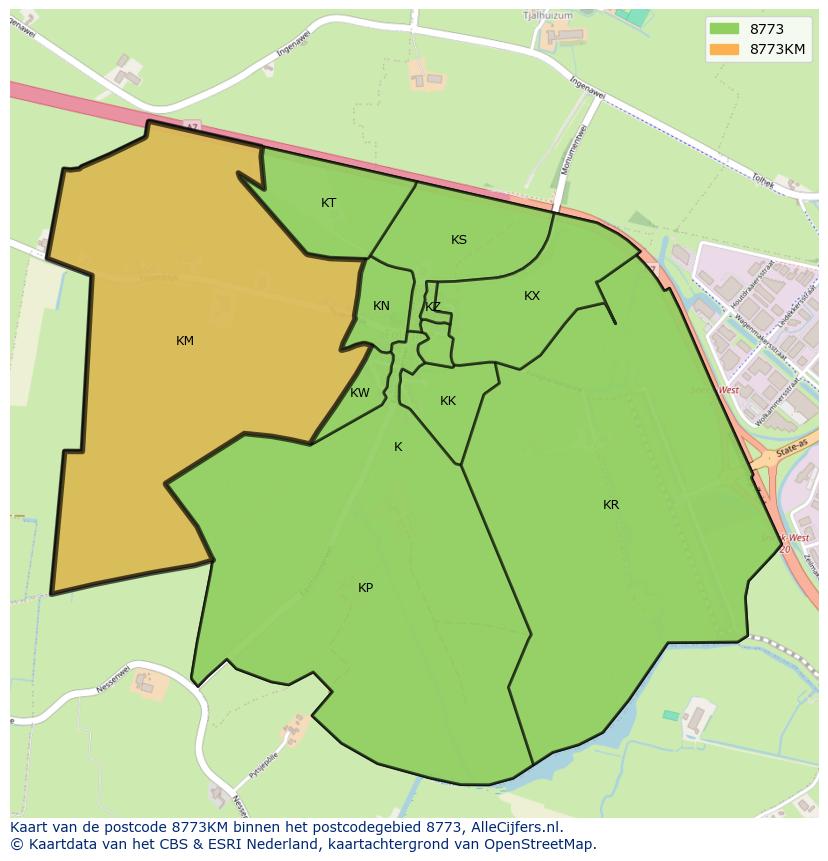 Afbeelding van het postcodegebied 8773 KM op de kaart.
