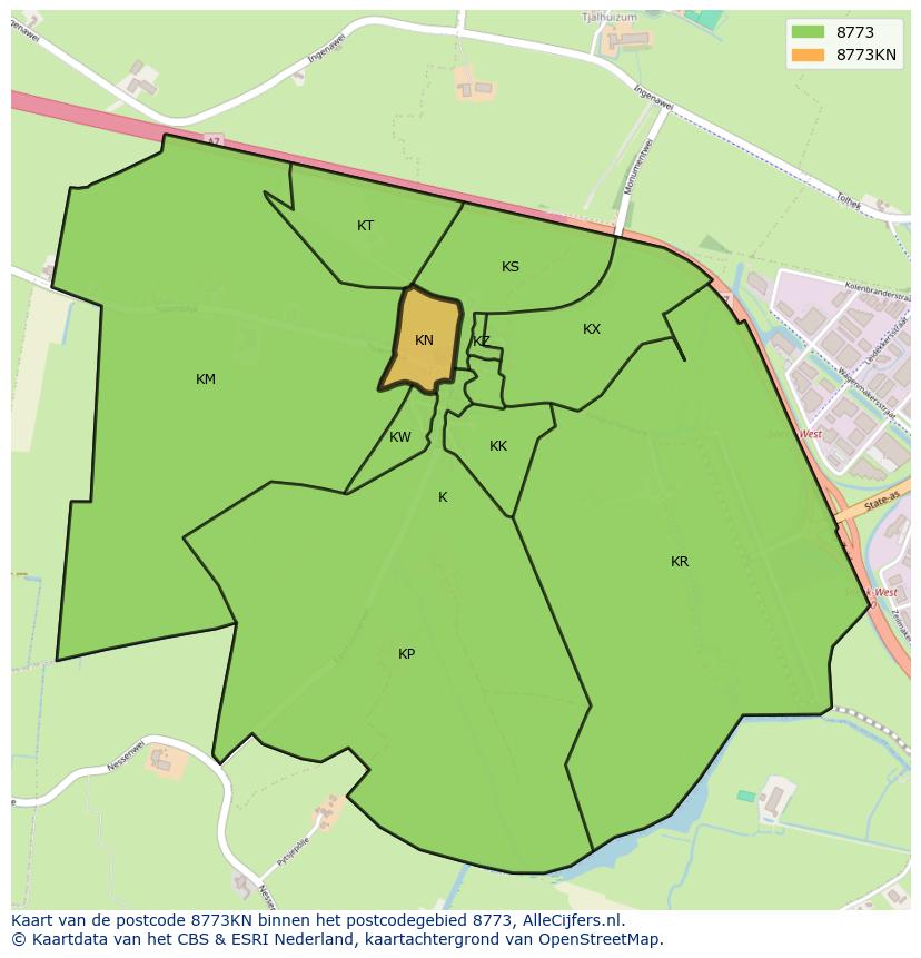 Afbeelding van het postcodegebied 8773 KN op de kaart.