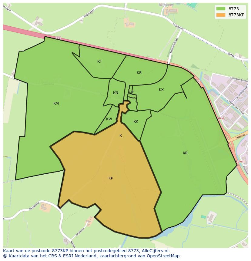Afbeelding van het postcodegebied 8773 KP op de kaart.