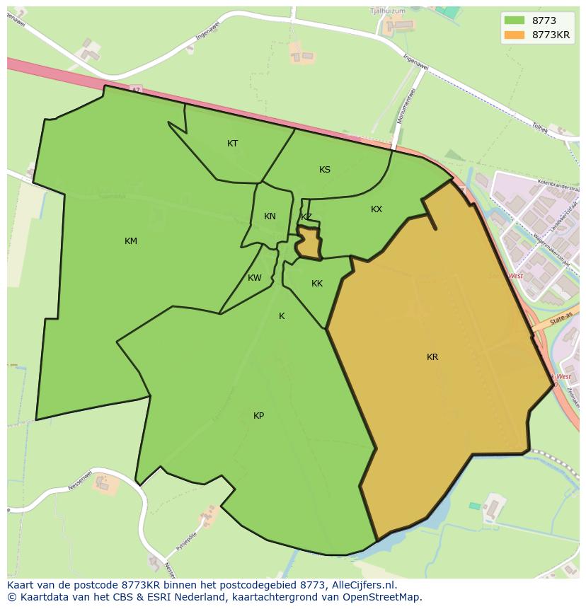 Afbeelding van het postcodegebied 8773 KR op de kaart.