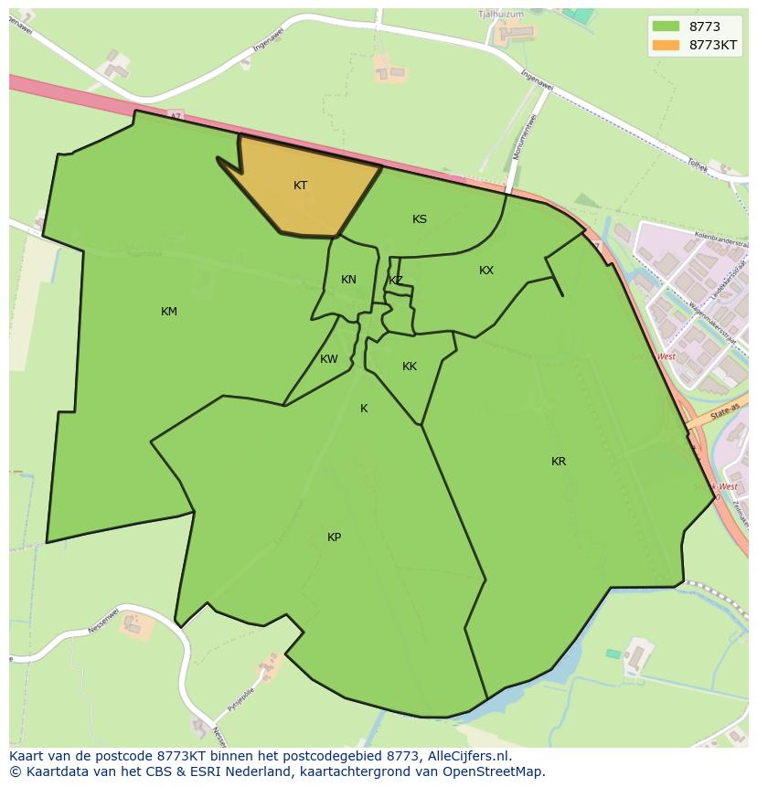 Afbeelding van het postcodegebied 8773 KT op de kaart.