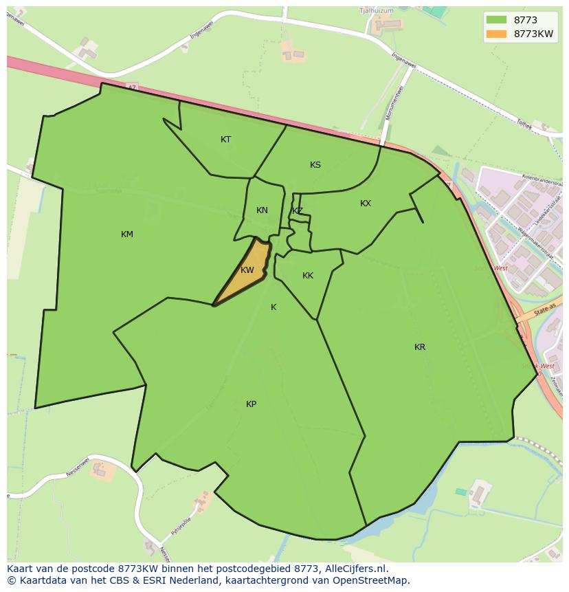 Afbeelding van het postcodegebied 8773 KW op de kaart.