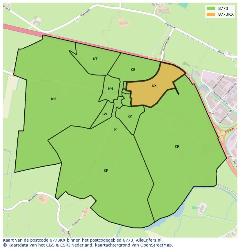 Afbeelding van het postcodegebied 8773 KX op de kaart.