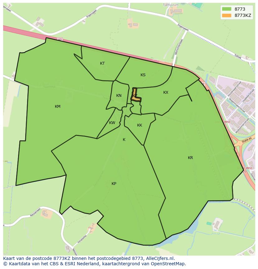 Afbeelding van het postcodegebied 8773 KZ op de kaart.