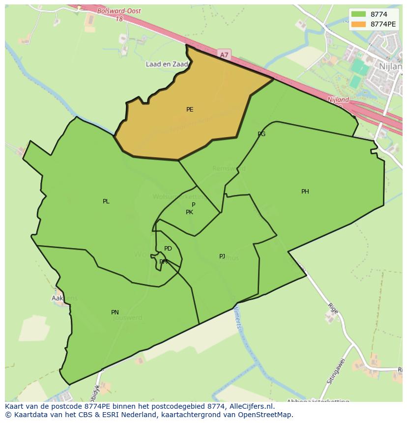 Afbeelding van het postcodegebied 8774 PE op de kaart.