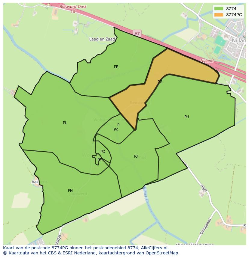 Afbeelding van het postcodegebied 8774 PG op de kaart.