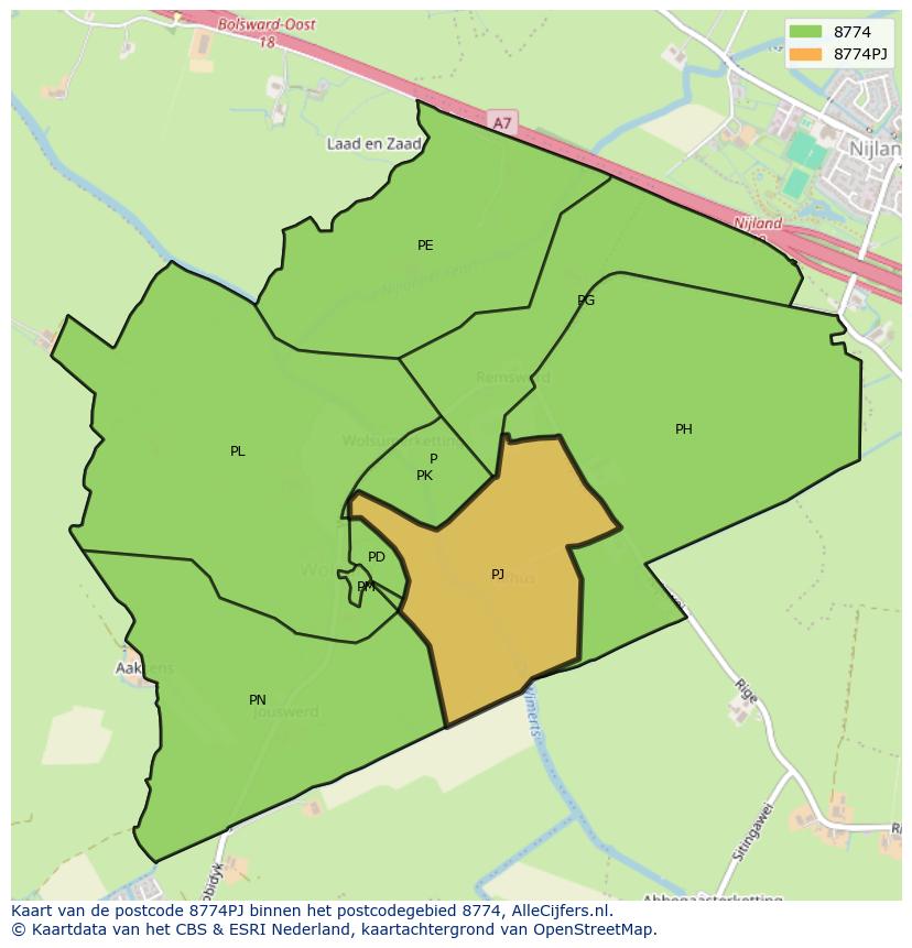 Afbeelding van het postcodegebied 8774 PJ op de kaart.