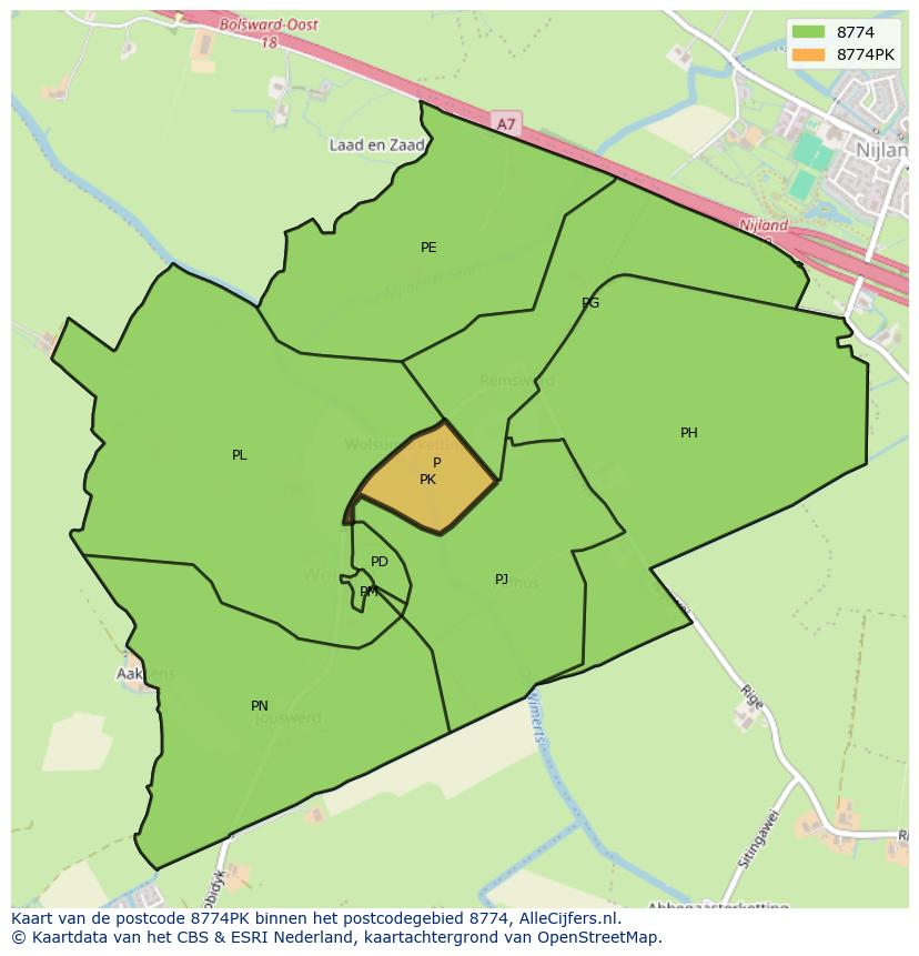 Afbeelding van het postcodegebied 8774 PK op de kaart.