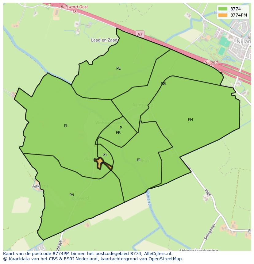 Afbeelding van het postcodegebied 8774 PM op de kaart.