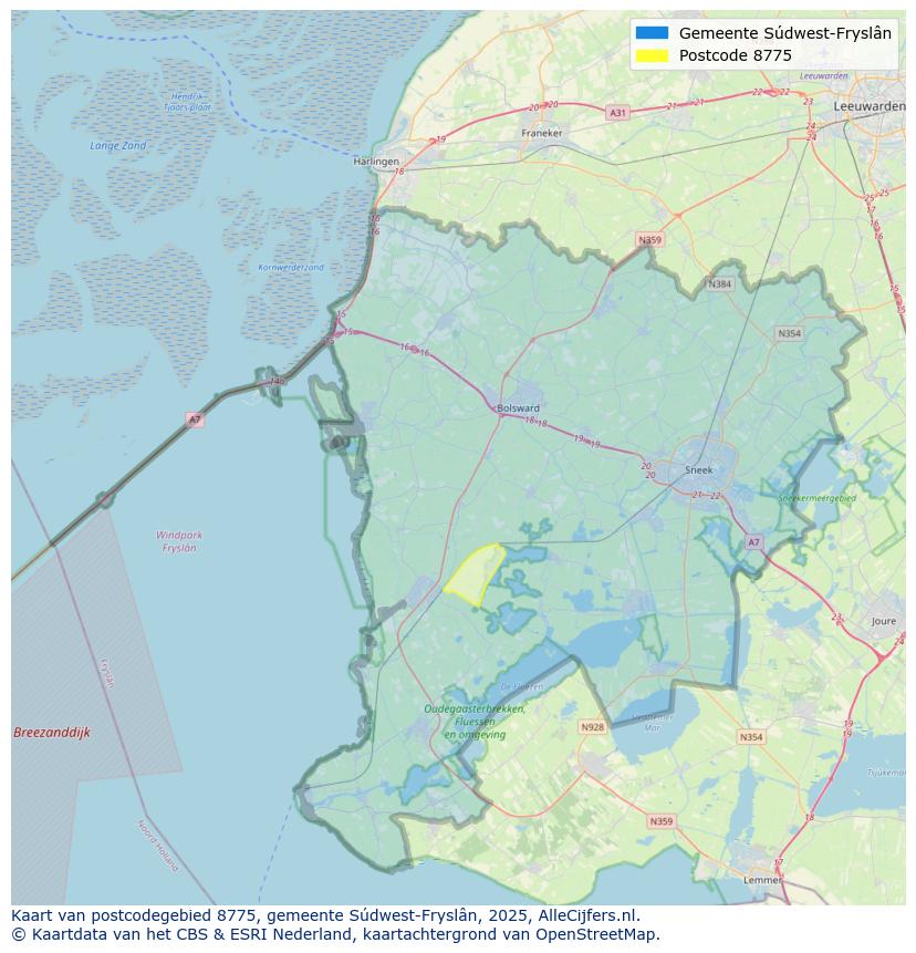 Afbeelding van het postcodegebied 8775 op de kaart.