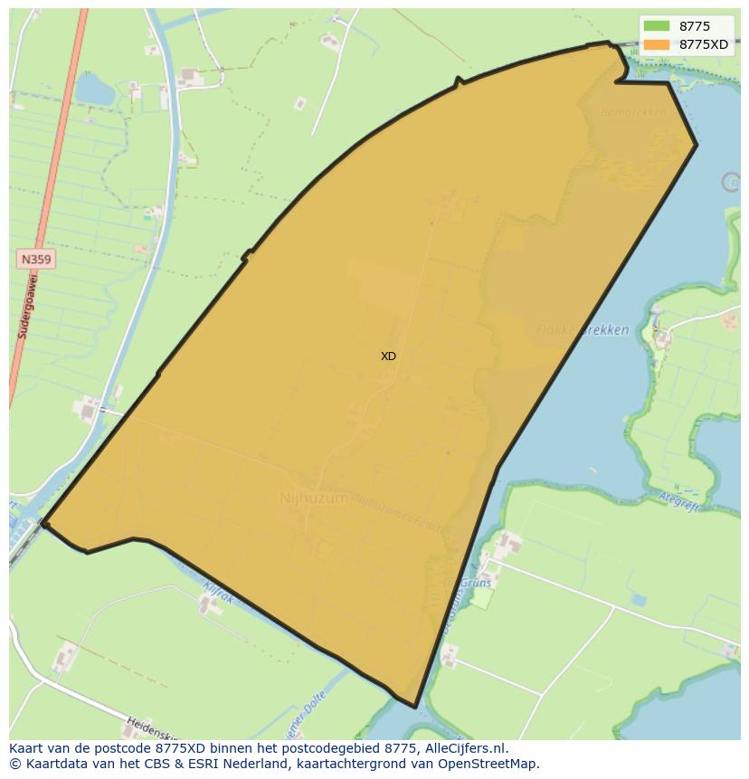 Afbeelding van het postcodegebied 8775 XD op de kaart.