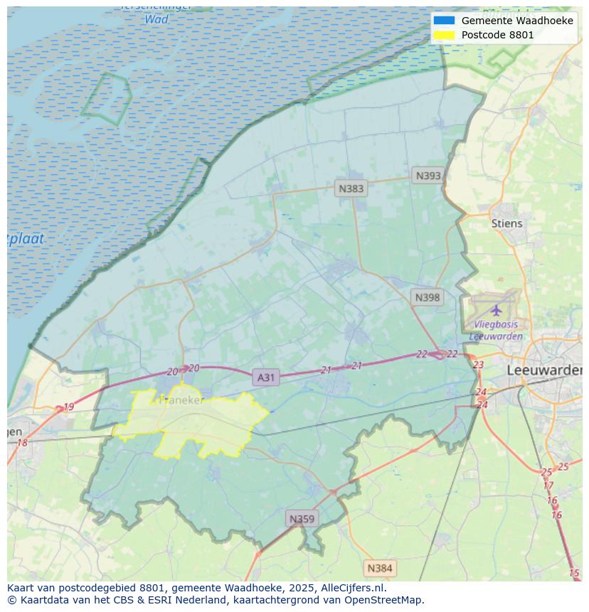Afbeelding van het postcodegebied 8801 op de kaart.