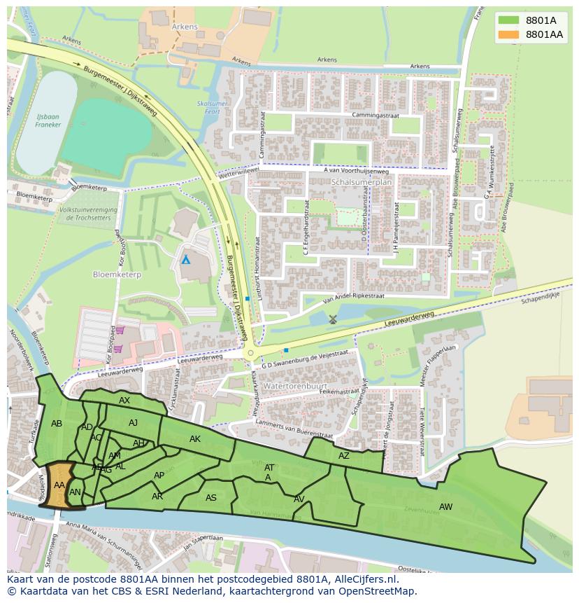 Afbeelding van het postcodegebied 8801 AA op de kaart.
