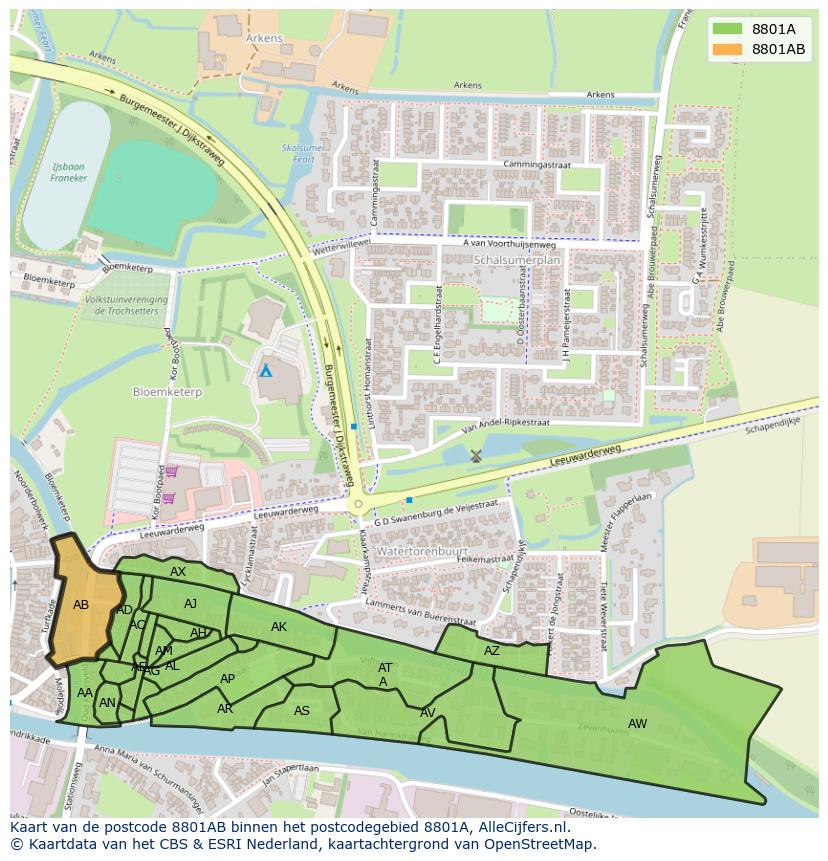 Afbeelding van het postcodegebied 8801 AB op de kaart.