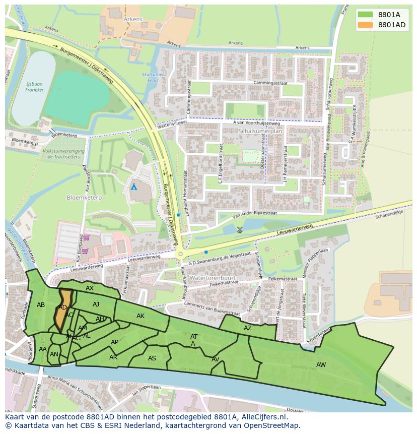 Afbeelding van het postcodegebied 8801 AD op de kaart.