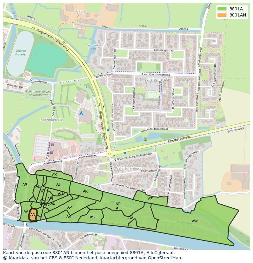 Afbeelding van het postcodegebied 8801 AN op de kaart.