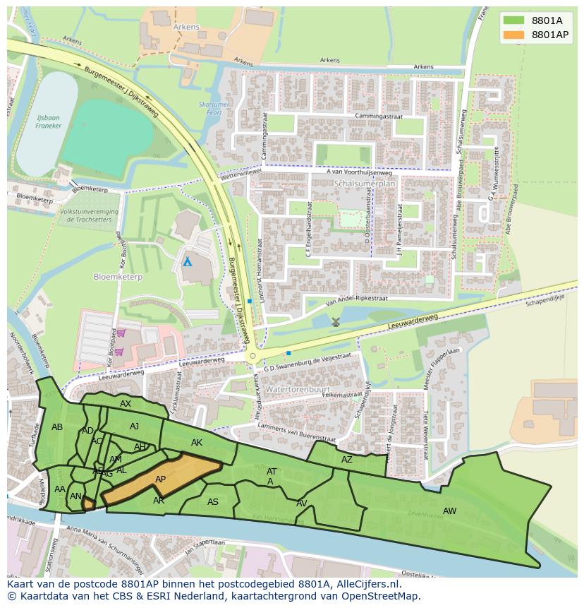 Afbeelding van het postcodegebied 8801 AP op de kaart.