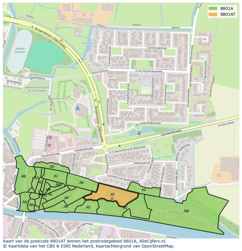 Afbeelding van het postcodegebied 8801 AT op de kaart.