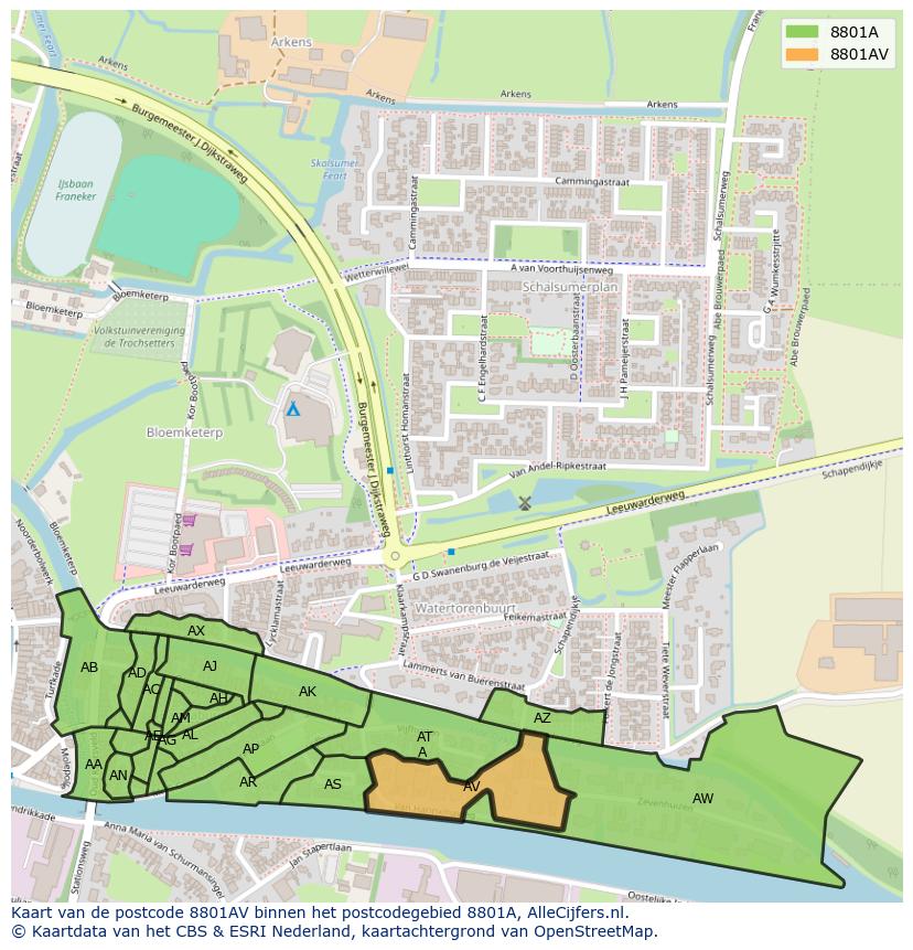 Afbeelding van het postcodegebied 8801 AV op de kaart.