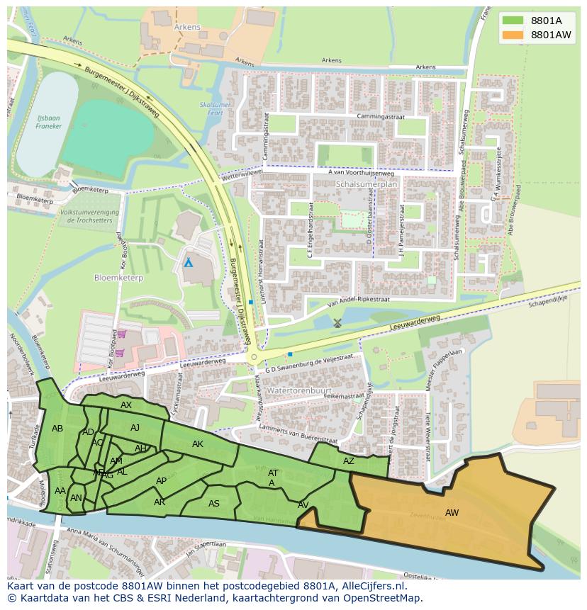 Afbeelding van het postcodegebied 8801 AW op de kaart.