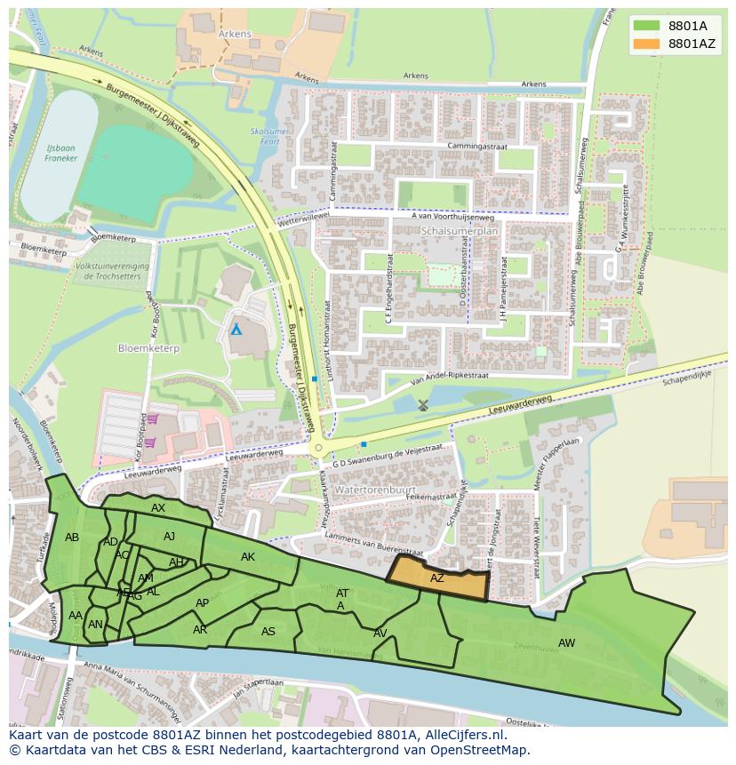 Afbeelding van het postcodegebied 8801 AZ op de kaart.